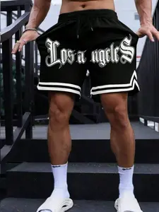 Men's Gothic Basketball Shorts, Vintage Font, Striped Hem, Drawstring Waist, Lightweight Polyester Fabric, Street Style