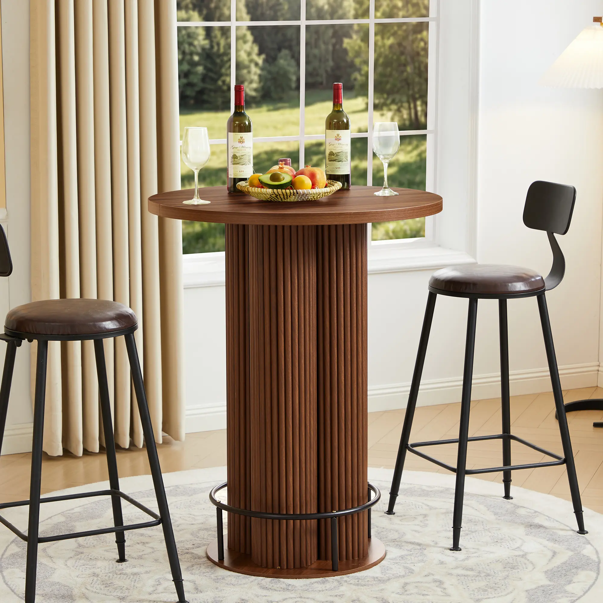 Giratree Midcentury Modern Fluted Round Bar Table - 39.4" Bar Height, 31.5" Round Wood-Look Tabletop, Plum Blossom Base, Metal Footrest, Scratch-Resistant Small Gathering Table for Kitchen, Living Room, Café