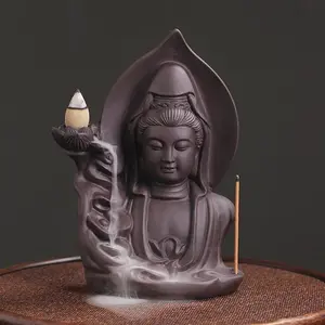 Buddha Design Backflow Incense Burner, Ceramic Incense Holder, Home Decor Incense Stick Holder, Desktop Ornament for Living Room Bedroom Office, Freshener