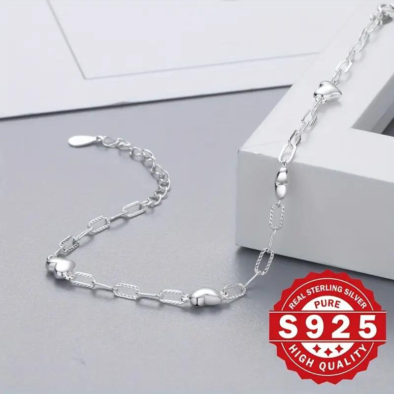 Sterling Silver 925 Bracelet For Women, 3D Heart Link Chain, Figaro Clasp, Elegant & Cute Style, Simple & Delicate Jewelry