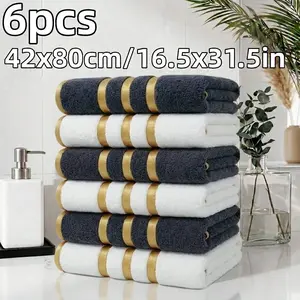 6-pcs hand Towels 42cmx80cm, Striped Pattern, 300gsm Coral Fleece Blend, Quick-Dry, Soft, Bathroom Essentials