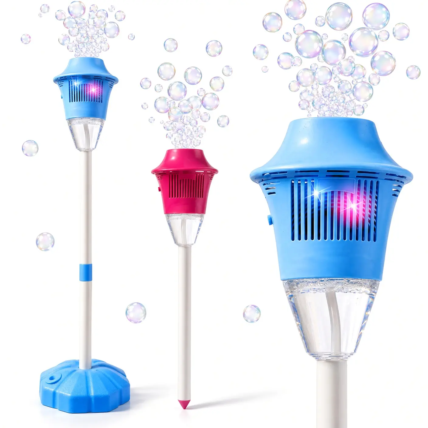 Automatic Bubble Machine with Lights & Music for Kids Toddlers, 3-in-1 Street Lamp Lawn Bubble Maker with Ground Stake & Stand Base, Outdoor Yard Garden Party Toy Gift
