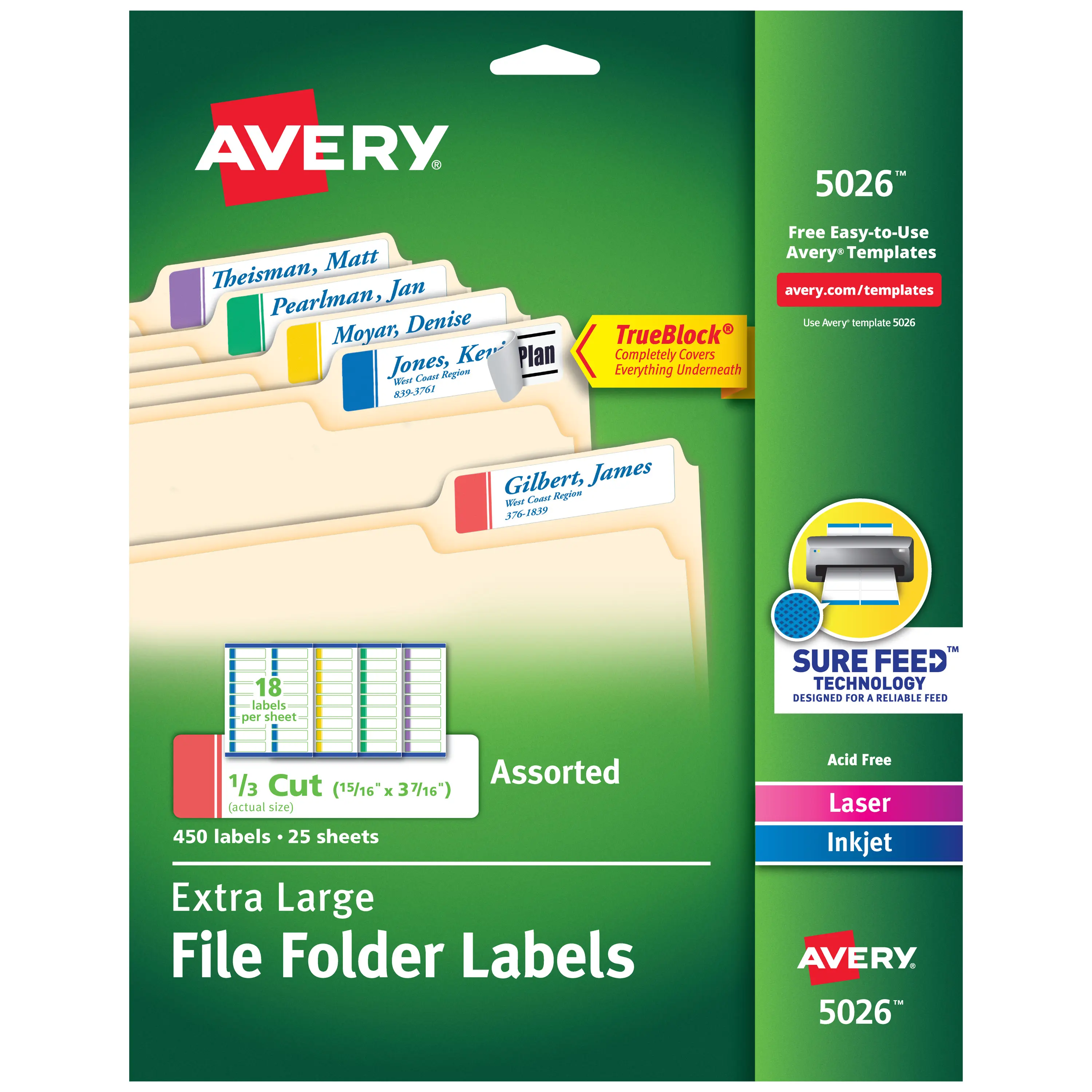 Avery TrueBlock Extra Large File Folder Labels - 2/3" x 3-7/16", 450 Labels, Assorted, Laser & Inkjet Compatible, Sure Feed Technology, Printable Text for File Labeling (5026)