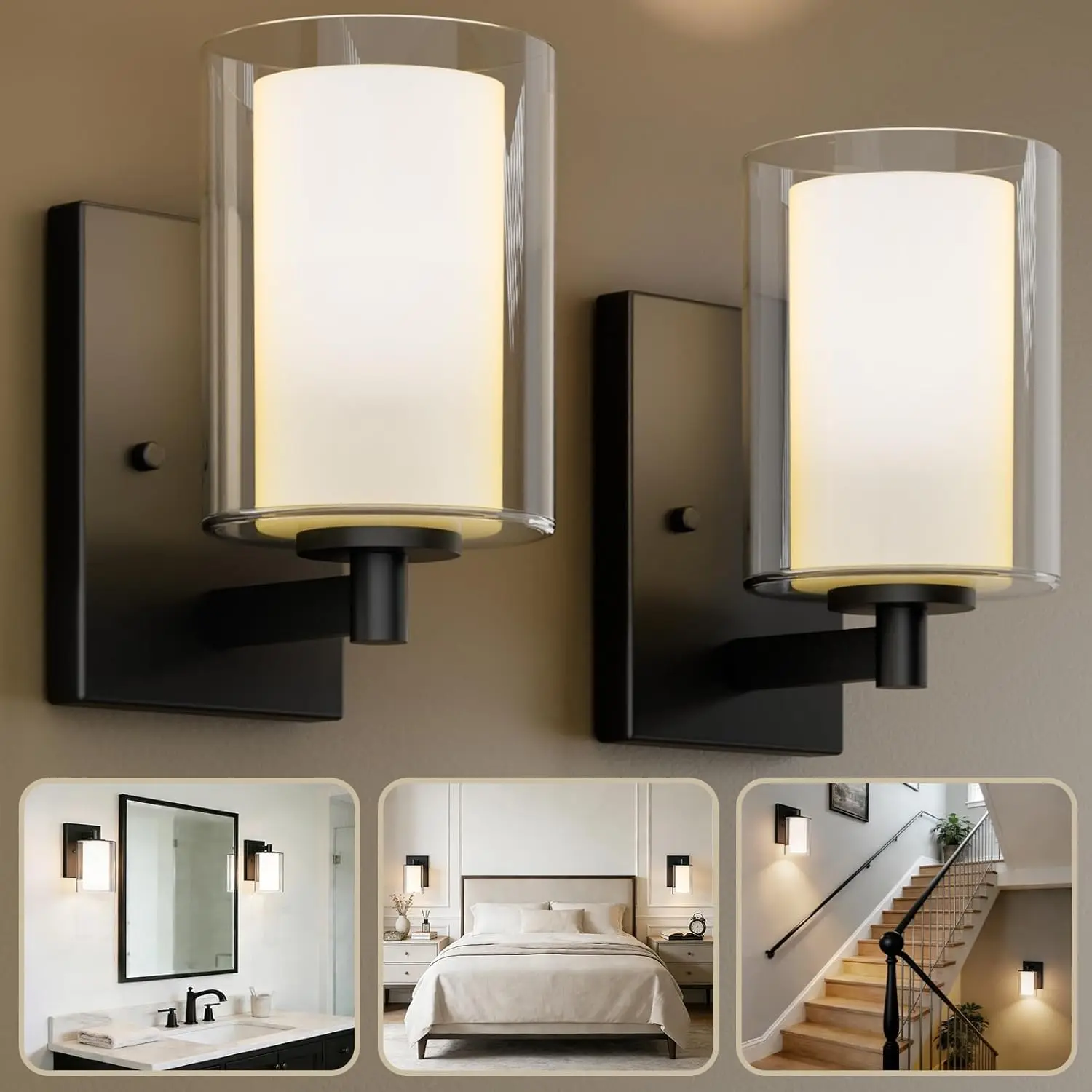 Matte Black 2-Pack Modern Indoor Wall Sconces, Double Clear Glass Shade Vanity Lamps & Shades with E26 Base for Home Bathroom Mirror Lighting Hallway