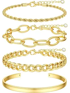 16k Chunky Gold Plated Bracelets for Women Non Tarnish, Womens Gold Plated Bracelets Stack Layered Chunky Chain Bracelets Waterproof Link Cuff Herringbone Bracelet Mothers' Day Jewelry Gifts
