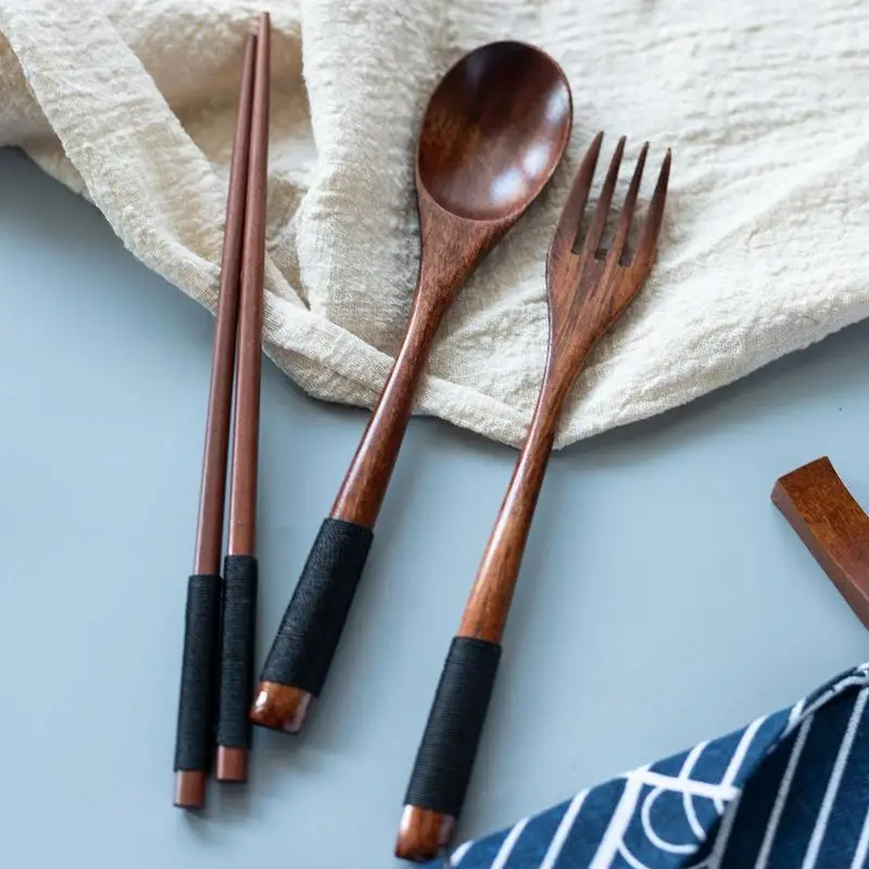 Wooden Tableware Set (3pcs), Vintage Style Spoon & Fork & Chopsticks Set, Household Tableware for Home Kitchen