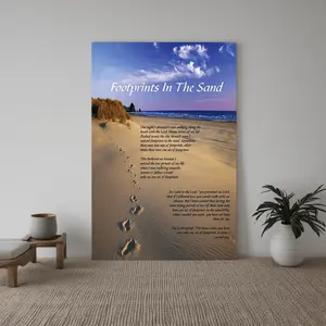 1pc Wooden Framed Wall Art, Footprints In The Sand Poem Ready to Hang Canvas Poster Picture Decoration - Framed Can Be Used As A Gift for Living Room Bedroom Kitchen