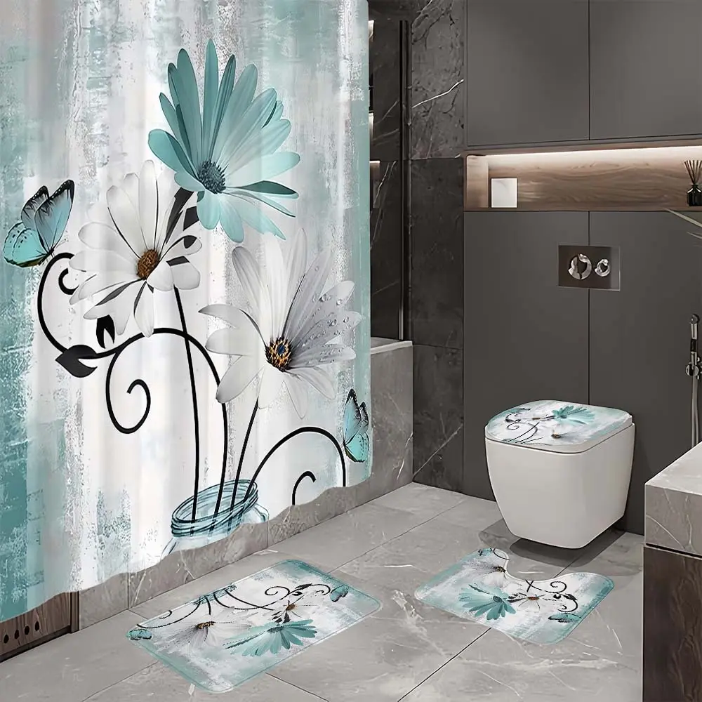 4pc blue and white flower butterfly pattern bathroom set, The 4-piece set includes a single shower curtain, anti slip floor mat, toilet U-shaped mat, toilet lid mat, with shower curtain hook, and belongs to bathroom decoration products