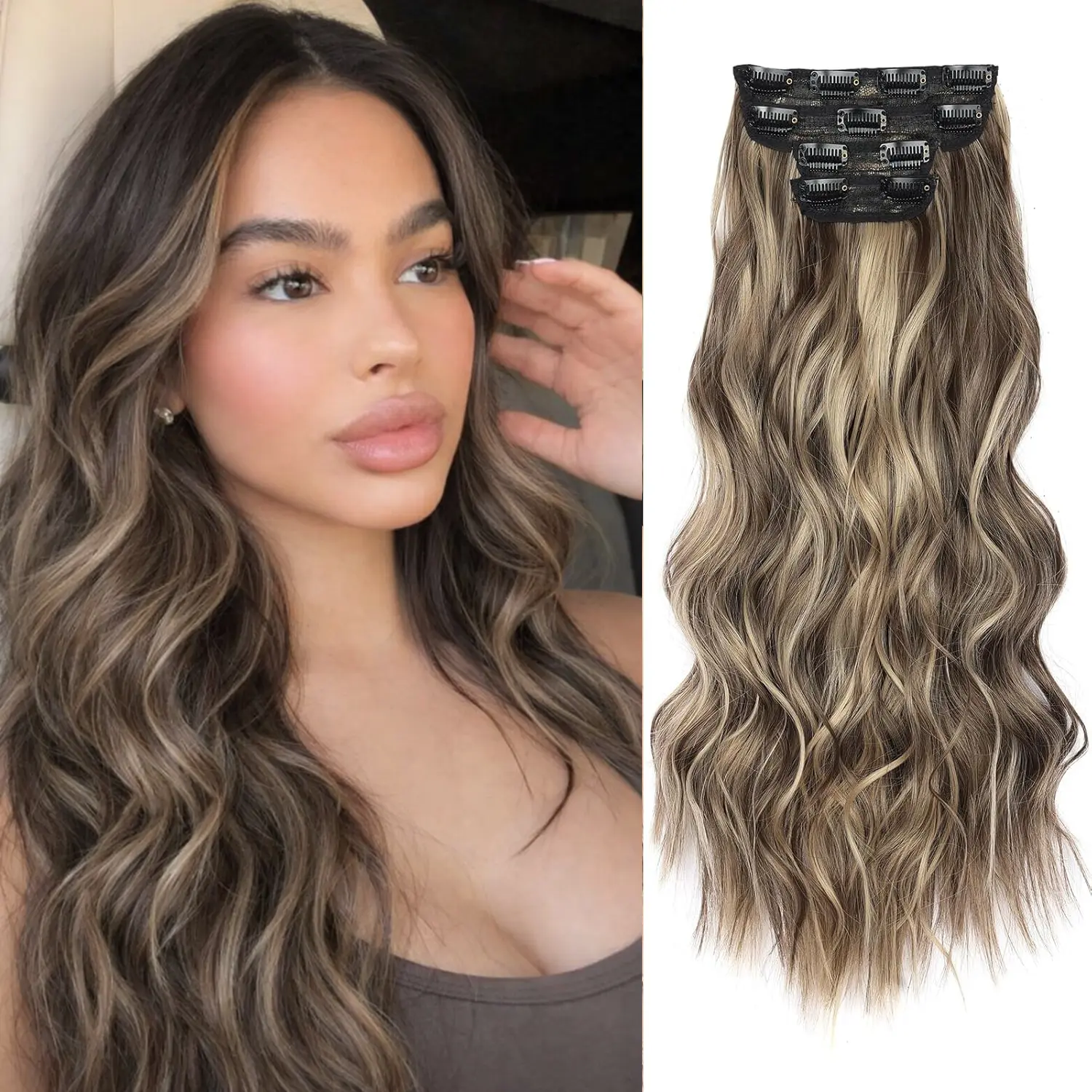 Seeway 24 Inch Wavy Thick Clip-in Hairpieces for Female, 4-Piece More Comfortable Double Weft Synthetic Set, Natural After Wearing Effect, Long, Clip Hair Extensions, More Comfortable & Healer, Synthetic Wig, Multi-Width Clips