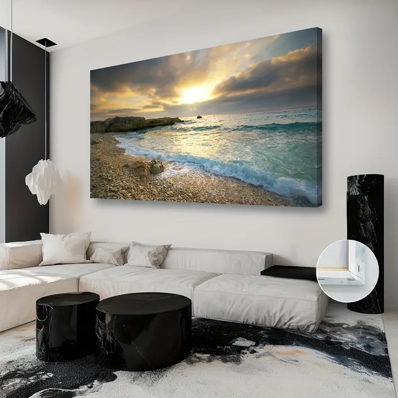 Wooden Framed Canvas Painting Wall Art canvas Wall Art Sunset Beach Blue Waves Ocean Art Large Modern Artwork Canvas Print Contemporary Picture framing Ready to Hang for Home decoration Wrapped in canvas