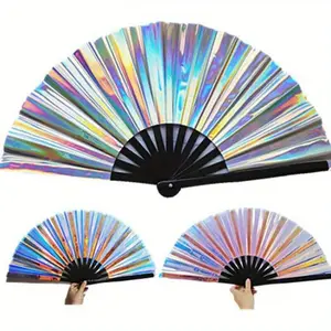 Bamboo Large Folding Hand Rave Fan Large Laser Film Bamboo Fan Party Decorations
