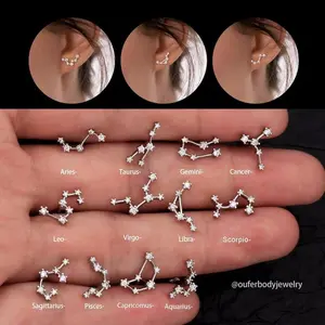 OUFER 16G 316L Stainless Steel Constellation Ear Stack Earrings - Unisex Zodiac Stud Earrings, Non Tarnish Jewelry, Helix/Cartilage/Lobe Fit, Celestial Daily Wear (Aries to Aquarius)