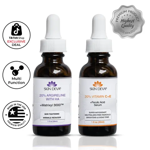 [Skin Deva] Power Duo | 20% Vitamin C + E Ferulic Acid Serum & 20% Argireline + Matrixyl 3000 + Hyaluronic Acid | Brightening, Anti-Aging & Firming Skincare | Made in USA