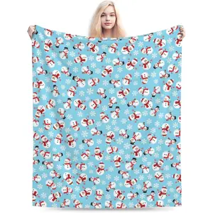 Christmas Flannel Blanket for Men Women, Snowmen and Snowflakes Birthday Gifts, Soft Warm Plush Christmas Decorations for Home Couch Sofa Bed, Cozy Lightweight Light Blue Blanket 50x 60 inch
