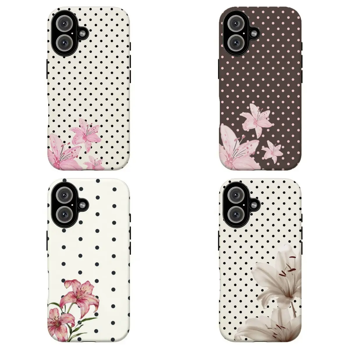 FL-Brown Polka Dot Pink Lily Phone Case,White Polka Dot & White Lily Phone Case,Retro Floral Tough Case For iPhone 11 12 13 14 15 16 17 Air Pro Max for Samsung S26 S25 S24 S23 S22 S21 Case,Gift for her/him