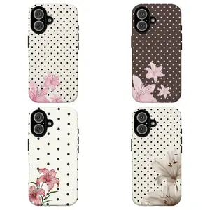 FL-Brown Polka Dot Pink Lily Phone Case,White Polka Dot & White Lily Phone Case,Retro Floral Tough Case For iPhone 11 12 13 14 15 16 17 Air Pro Max for Samsung S26 S25 S24 S23 S22 S21 Case,Gift for her/him