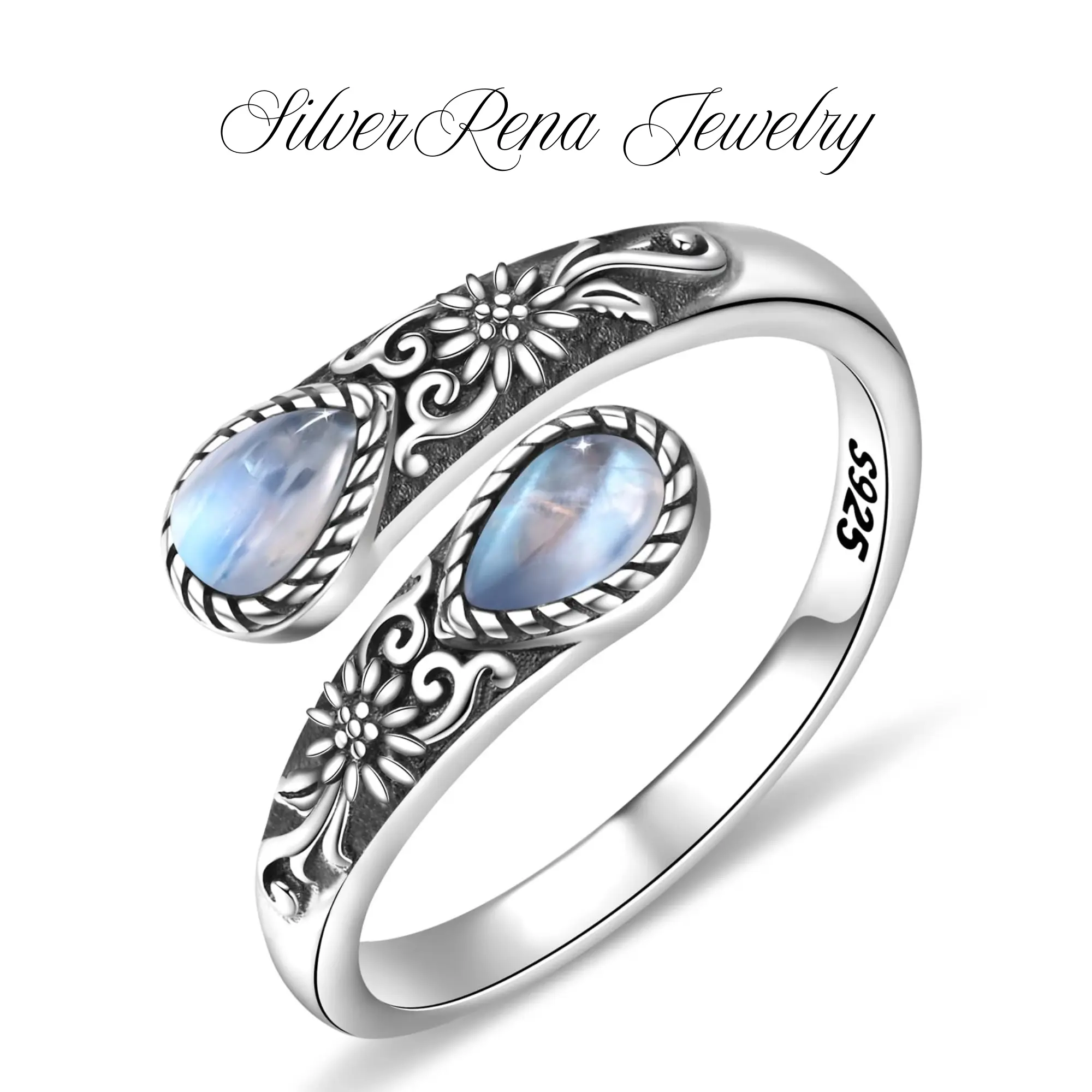 Women's S925 Sterling Silver Adjustable Open Gemstone Ring - Sunflower Design with Synthetic Moonstone, Labradorite, Vintage Spoon & Thumb Styles, Gift for Anniversary, Birthday