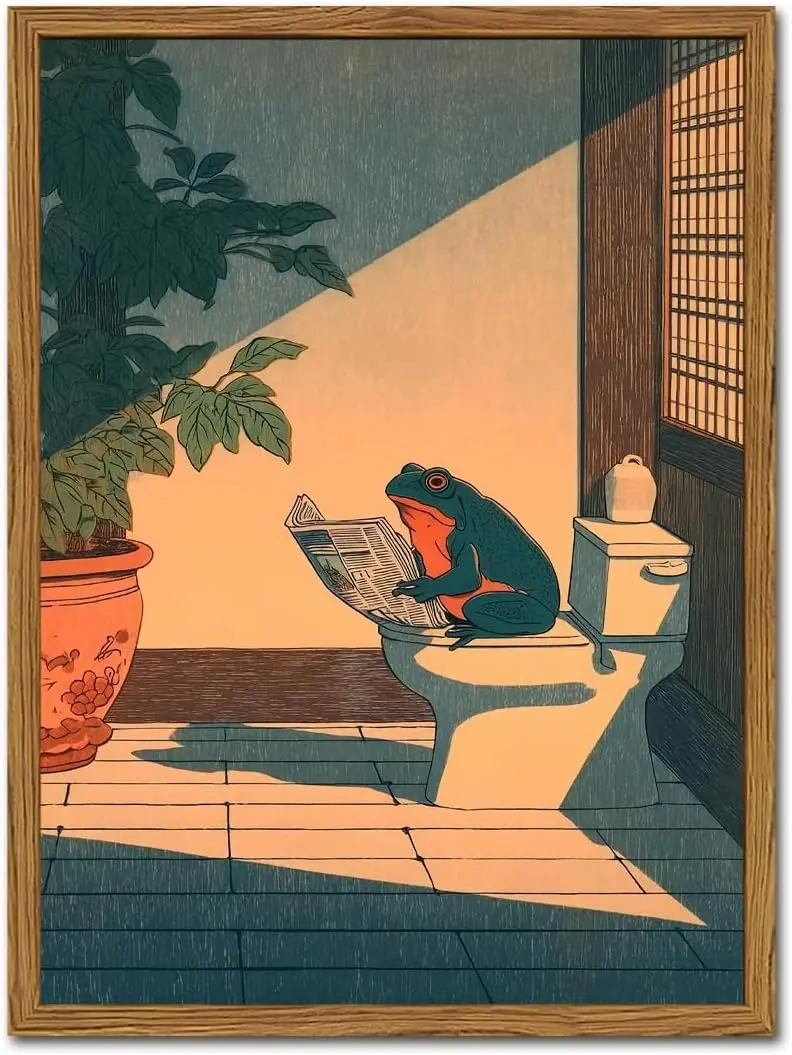 Home Decor Spirit Funny Frog Bathroom Wall Art, Cute Japanese Frog in Toilet Wall Decor, Whimsical Green Animal Restroom Poster Canvas Painting Prints Artwork 12x18 inch UNFRAMED