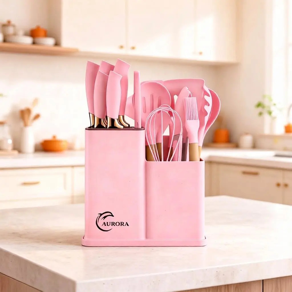 19-Piece Stylish Thermal Kitchen Knife Set Gift Set - Heat-Safe Up to 230°C Silicone Heads, Wooden Handle, Nonstick Cookware, Chef’s Knife, Ladle, Basting Brush, White Spoon, Easy Cleanup, Kitchen Decor for Women