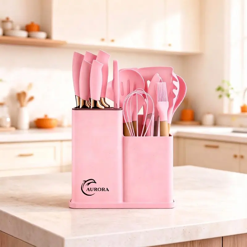19-Piece Stylish Thermal Kitchen Knife Set Gift Set - Heat-Safe Up to 230°C Silicone Heads, Wooden Handle, Nonstick Cookware, Chef’s Knife, Ladle, Basting Brush, White Spoon, Easy Cleanup, Kitchen Decor for Women