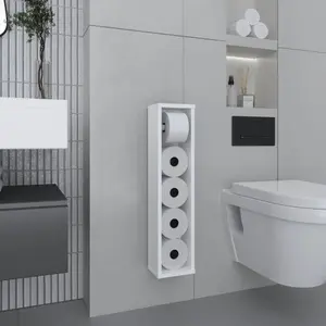 Recessed Wall-Mounted Toilet Paper Holder, Vertical Tissue Roll Storage for 5 Rolls, Modern White Bathroom Organizer for Spring Renovation