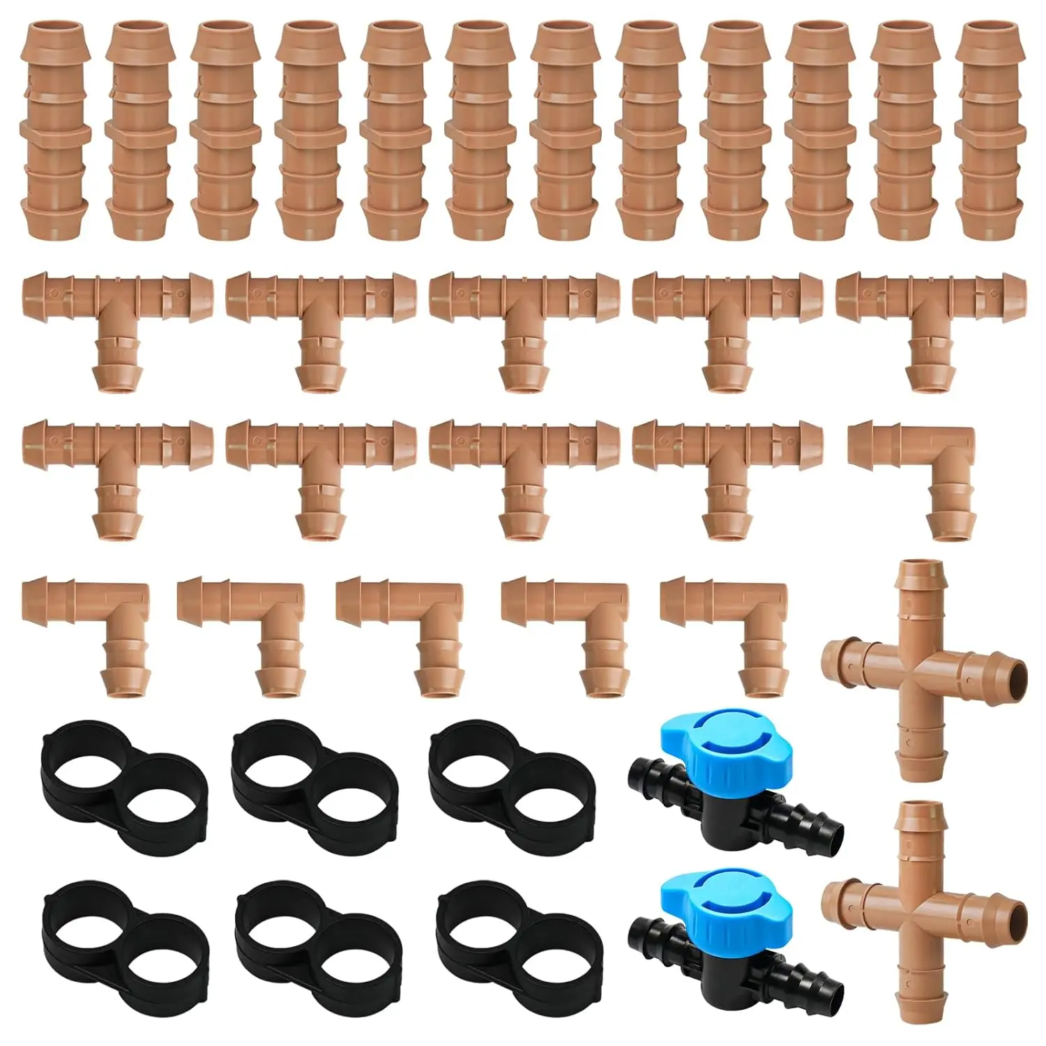 37 count Drip Irrigation Fittings Kit for 1/2 Inch Tubing - 12 Couplings, 9 Tees, 6 Elbows, 6 Plugs, 2 Crosses, 2 Valves