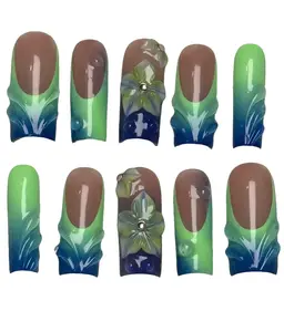 3D Flower Press On Nails - Summer Vibe Ombre Nude Nail Set - Soft Aesthetic & Elegant Reusable Nails - Glossy Finish - Retro Beach Vibes - Easy Application  - 10 Nails + Adhesive Tabs + Glue Bottle + Mini File + Manicure Wooden Stick + Alcohol Pads