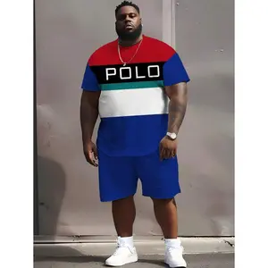 2pcs/Set Plus Size Men's Colorblock Polo Printed Short Sleeve T-Shirt + Drawstring Shorts, Breathable Soft Comfortable Fabric, Machine Washable, Summer Outfit Casual Clothes Breathable Men's Summer Polo Set Outdoor Tops