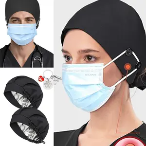 Women's 2-Piece Adjustable Satin Lined Bouffant Scrub Caps Set, Multicolored Surgical Hats with Button & Sweatband for Nursing Work, Scrubs Accessory
