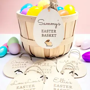 Easter Basket Wooden Name Tag - Wood Engraved Personalized with name - Easter Basket Name - 4.7 inch Egg with Twine
