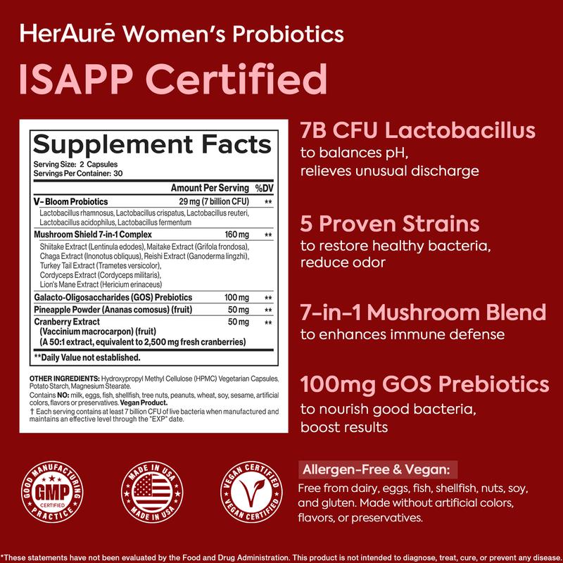 HerAuré Balanced & Moist Bundle | pH Balance, Odor Control, Stress Relief, Energy, Bliss, Relaxation, Flora Health | With 7 Billion CFU Probiotic, 7-in-1 Mushroom Blend, Prebiotic, Ashwagandha, Saffron, Maca, Slippery elm, Sea Moss ,Black Friday
