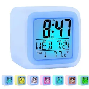 Contemporary Minimalist Alarm Clock, 7 Color Light Effects, Extremely Silent Bedside Clock with Glowing LED Display, Temperature & Date Function, Modern Desk Decor for Bedroom Home Office