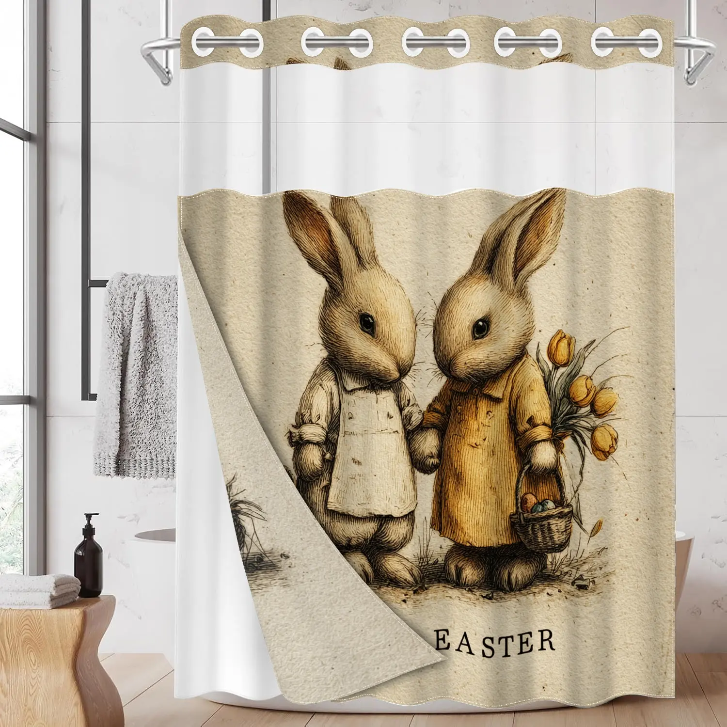 1pc hookless shower curtain with snap fastener, Bathroom Curtain, Easter-themed rabbit 2D Flat Printing, fabric waterproof inner lining shower curtain with transparent window double-layer curtain, 71 x 74 inches, home decoration