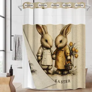1pc hookless shower curtain with snap fastener, Easter-themed rabbit 2D Flat Printing, fabric waterproof inner lining shower curtain with transparent window double-layer curtain, 71 x 74 inches, modern home curtain decoration, Shower Curtain Liner