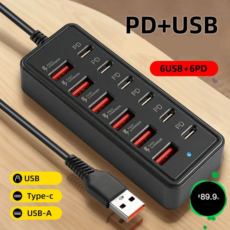 12-Port USB Fast Charging Station, USB Port Hub, 6 Type-C + 6 USB-A Ports, 25w Max Per Port, Compact Design, Ideal for Laptops/tablets/multi-Devices