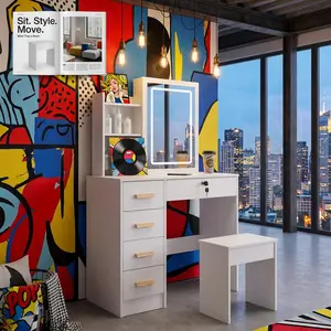 Makeup Vanity with Sliding Mirror & Hidden Storage Cabinet, Lockable Drawer Dressing Table Set with Stool for Bedroom