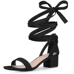 BLISSFUL STEP Strappy Heels Open Toe Block Heel Lace Up Sandals