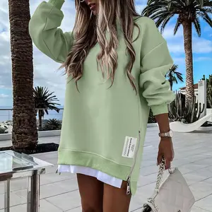 ChicMe 2026 Spring Womens Long Sleeve Pullover Sweatshirt Zipper Slit Casual Dress Drop Shoulder Oversized Outfits