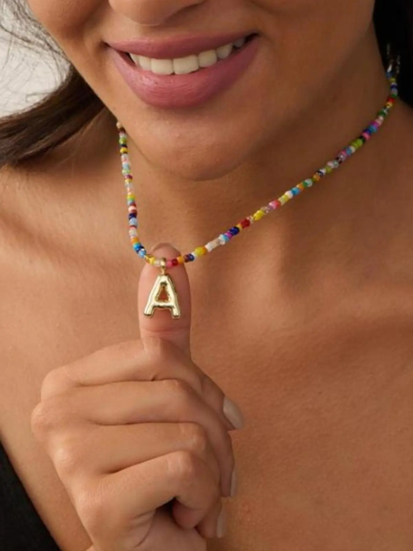 Women's Colorful Letter Necklace, Bubble Letter Pendant, Handmade Beaded Chain, Cute Boho Beach Style, Boho Style Jewelry, Mother's Day Gift