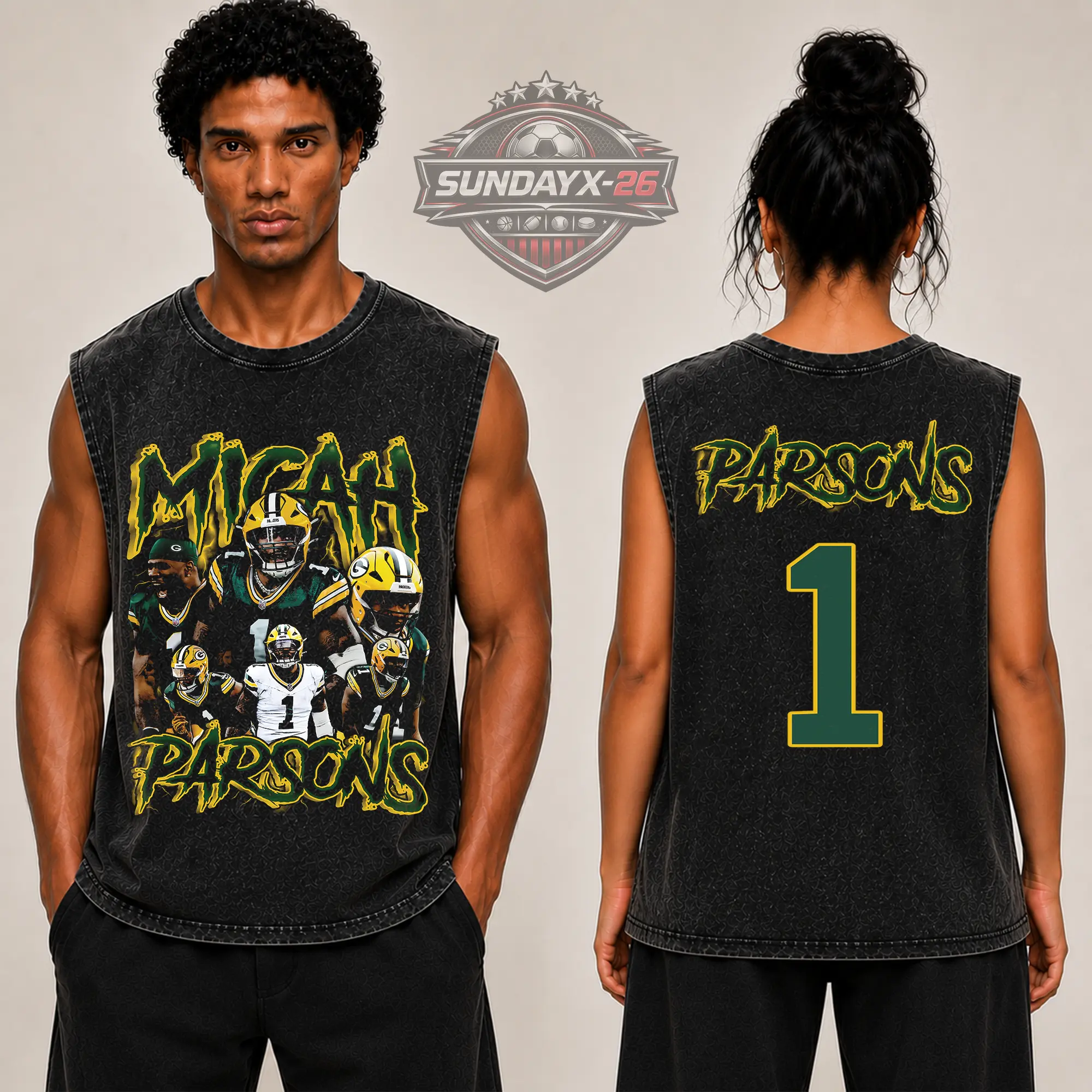 [X-26] Micah Parsons 1 Graphic Premium Acid Washed Tank-Top (Made in US), Packers Football Fans Fits High Quality 100% Cotton Sleeveless Shirt, Cheeseheads Outfit, Gift for Football Fans, Boyfriend