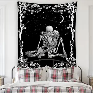 Gothic Skull Pattern Tapestry, Black and White Skull Tapestry, Moon Flower Skull Kiss Wall Hanging, Suitable for Home Living Room Dormitory Decoration, Halloween