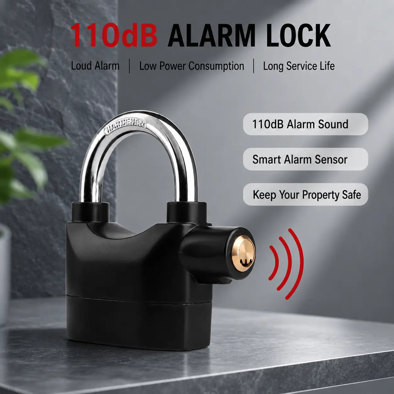 110dB Alarm Disc Padlock, Heavy Duty Anti Theft Security Lock with 10mm Hardened Shackle, Dual Alarm & Standard Mode, Brass Cylinder, Includes 3 Keys & 6 Button Batteries for Motorcycle, Bike, Gate, Shed