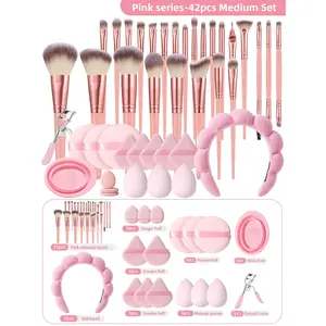 42pcs makeup tools set.Includes 25pcs Makeup Brush Set 3pcs makeup sponges 1pcs Makeup Brush Cleaner Bowl 3pcs Finger Puff Cosmetic Applicator 5pcs Makeup Puff Sponge Triangle 3pcs Round Loose Powder Puff Cosmetic 1pcs Spa Bow Headband 1pcs Eyelash curler