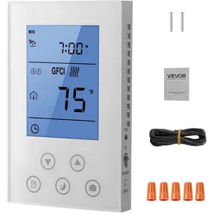 VEVOR 7-Day Programmable Thermostat, Home Thermostats for Radiant Underfloor Heating Cable,Heat Pump, Built-in GFCI & Sensitive Sensor, LED Screen with Backlight,Energy-Efficient,White