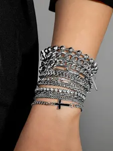 11pcs Punk Metal Chain Cross Bracelet Set, Multi-Layer Beaded Fringe, Unisex Design, Daily Streetwear, Mother’s Day Gift, Trendy Accessory