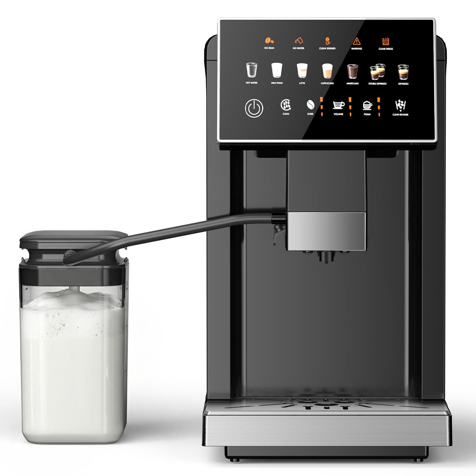 COWSAR Touchscreen Coffee Machine with Automatic Milk Frother, All-in-One Smart Espresso Maker for Cappuccino & Latte, Built-in Conical Grinder & Intelligent Reminder, Removable Brewer & Water Tank (Black)