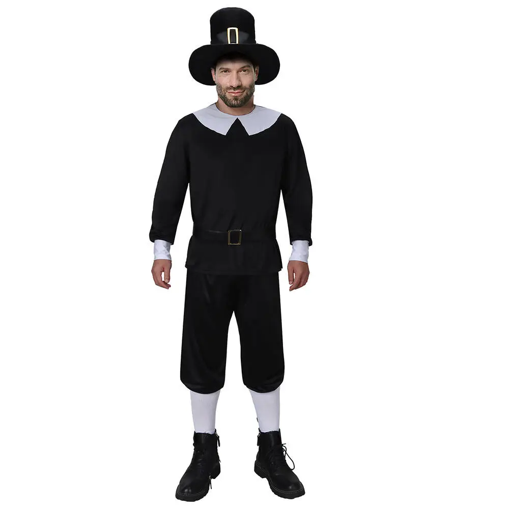 Men's Thanksgiving Pilgrim Cosplay Suit, Polyester Fabric Menswear with Size Chart, Socks Included for Halloween Party Fancy Dress
