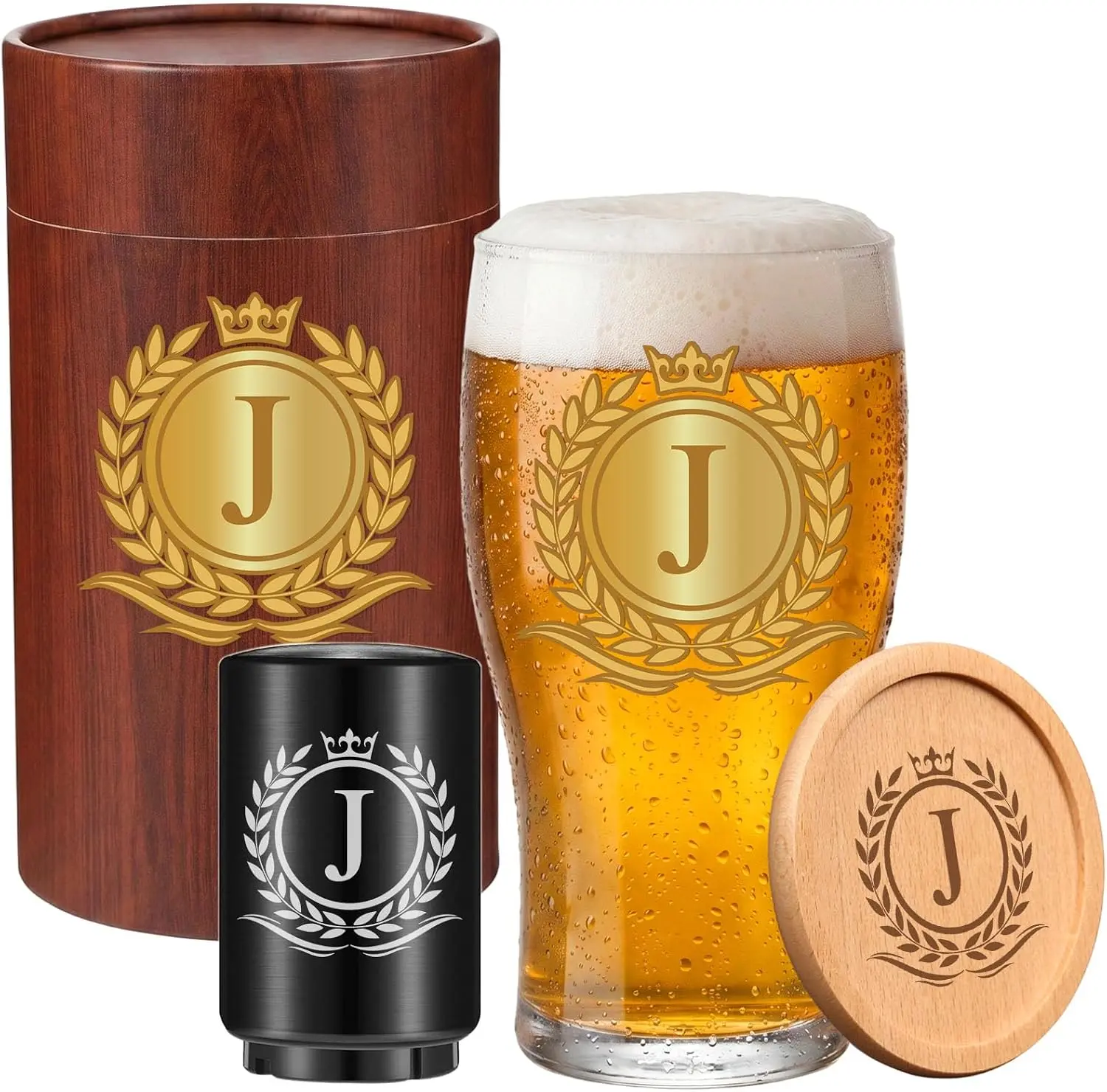 Personalized Engraved Beer Glass Set 16oz, Custom Initial Drinkware with Coaster & Bottle Opener, Practical Holiday Gift for Men for Father’s Day & Birthday