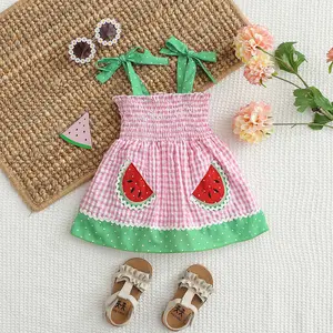 Newborn Baby Girl Summer Sleeveless Smocked Top Romper Dress - Plaid Look, Watermelon Print, A-Line Design
