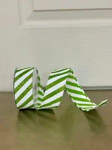 1.5 Inch By 10 Yard Lime White Flat All Glitter Candy Cane Stripe Ribbon